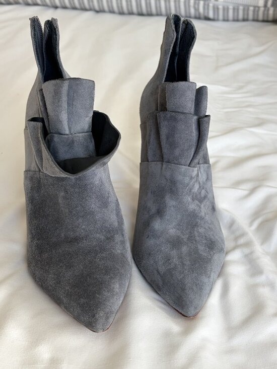 Pour La Victoire Shoes - Pour La Victoire Cedraks Denim 192 Suede Ruffle Boot Pointed Toe Stiletto